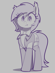 Size: 600x800 | Tagged: safe, artist:thebatfang, imported from derpibooru, oc, oc:lucky roll, bat pony, pony, bat pony oc, bowtie, clothes, female, garter belt, looking at you, mare, monochrome, socks, solo, stare, wingless