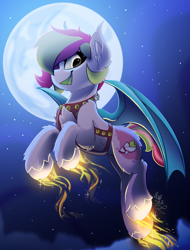 Size: 1900x2500 | Tagged: safe, artist:starcasteclipse, imported from derpibooru, part of a set, oc, oc only, bat pony, pony, commission, female, flying, full moon, glowing, glowing hooves, harness, jingle bells, mare, moon, night, night sky, sky, smiling, solo, tack, ych result
