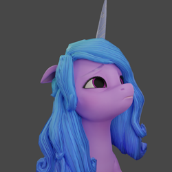 Size: 1920x1920 | Tagged: safe, artist:anthonystt, imported from derpibooru, izzy moonbow, pony, unicorn, 3d, bust, g5, gray background, izzy sadbow, my little pony: a new generation, sad, simple background, solo