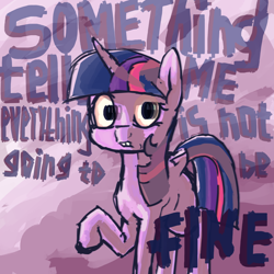 Size: 1500x1500 | Tagged: safe, artist:halfaman, imported from derpibooru, twilight sparkle, alicorn, concerned, error, fog, glitch, mist, quote, red eyes, solo, standing