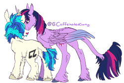 Size: 1630x1095 | Tagged: safe, artist:caffeinatedcarny, imported from derpibooru, dj pon-3, twilight sparkle, vinyl scratch, alicorn, unicorn, chest fluff, ear fluff, female, heart, horn, leonine tail, lesbian, mare, scar, shipping, simple background, tail, transparent background, twilight sparkle (alicorn), unshorn fetlocks, vinylight, wings