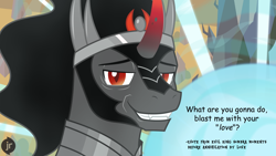 Size: 1920x1080 | Tagged: safe, artist:facelessjr, imported from derpibooru, king sombra, pony, unicorn, close-up, comic sans, crystal empire, evil, explosion, fangs, imminent death, looking at you, magical energy weapon, male, meme, moments before disaster, quote, red eyes, shitposting, smiling, smug, solo, stallion, teeth, the crystal empire 10th anniversary