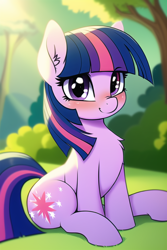 Size: 512x768 | Tagged: safe, imported from derpibooru, twilight sparkle, earth pony, pony, ai content, ai generated, blushing, bush, chest fluff, ear fluff, earth pony twilight, generator:novelai, generator:stable diffusion, grass, looking at you, nose wrinkle, outdoors, race swap, sitting, smiling, sunshine, tree