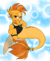 Size: 1447x1768 | Tagged: safe, artist:dozyarts, imported from derpibooru, oc, oc only, oc:peach harvest, seapony (g4), female, gills, jewelry, lace, lidded eyes, looking at you, solo