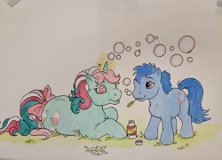 Size: 1144x825 | Tagged: safe, artist:foxspotted, imported from derpibooru, baby lucky, fizzy, earth pony, pony, twinkle eyed pony, unicorn, bubble, bubble solution, bubble wand, duo, female, filly, foal, mare, mouth hold, traditional art