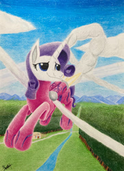 Size: 760x1051 | Tagged: safe, artist:grffxs, imported from derpibooru, rarity, alicorn, pony, alicornified, clothes, cloud, commissioner:michaelthefiredragon, flying, jetpack, jumpsuit, race swap, raricorn, sky, smiling, solo, traditional art