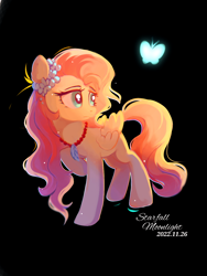 Size: 900x1200 | Tagged: safe, artist:starfallmoonlight, imported from derpibooru, fluttershy, butterfly, pegasus, pony, black background, feather, female, flower, glitter, long mane, simple background, solo