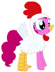 Size: 278x366 | Tagged: safe, artist:heil ric, imported from derpibooru, pinkie pie, bird, chicken, earth pony, pony, animal costume, chicken pie, chicken suit, clothes, costume, female, mare, nightmare night costume, simple background, smiling, solo, transparent background, youtube link