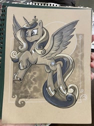 Size: 1536x2048 | Tagged: safe, artist:andypriceart, imported from derpibooru, princess cadance, alicorn, pony, crown, female, flying, grayscale, hoof shoes, jewelry, mare, monochrome, regalia, smiling, solo, traditional art