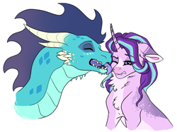 Size: 3917x2937 | Tagged: safe, artist:venommocity, imported from derpibooru, princess ember, starlight glimmer, dragon, pony, unicorn, chest fluff, crack shipping, dragoness, emberglimmer, eye clipping through hair, eyes closed, face licking, female, floppy ears, gritted teeth, lesbian, licking, neck fluff, one eye closed, shipping, simple background, teeth, tongue out, white background