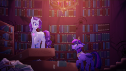 Size: 1920x1080 | Tagged: safe, artist:willoillo, imported from derpibooru, rarity, twilight sparkle, alicorn, unicorn, fanfic:the enchanted library, big crown thingy, book, bookshelf, chandelier, element of magic, fanfic art, female, jewelry, lesbian, library, rarilight, regalia, romance, shipping, twilight sparkle (alicorn)
