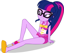 Size: 2636x2172 | Tagged: safe, alternate version, artist:dustinwatsongkx, imported from derpibooru, sci-twi, twilight sparkle, human, equestria girls, accessory swap, bare shoulders, clothes, clothes swap, female, geode of sugar bombs, glasses, magical geodes, one-piece swimsuit, pinkie pie swimsuit, simple background, sleeveless, solo, swimsuit, swimsuit swap, transparent background