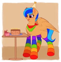 Size: 2107x2160 | Tagged: safe, artist:vetta, imported from derpibooru, oc, oc only, oc:eclair winglain, pegasus, pony, bandana, birthday, birthday cake, cake, clothes, cute, female, food, hat, kerchief, mare, party hat, pegasus oc, rainbow colors, rainbow socks, simple background, socks, solo, spread wings, striped socks, wings