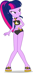 Size: 2110x4627 | Tagged: safe, artist:dustinwatsongkx, imported from derpibooru, sci-twi, twilight sparkle, human, equestria girls, equestria girls series, accessory swap, bare shoulders, bikini, bikini bottom, clothes, clothes swap, feet, female, geode of empathy, magical geodes, missing accessory, no glasses, sandals, simple background, sleeveless, solo, sunset shimmer swimsuit, sunset shimmer's beach shorts swimsuit, swimsuit, swimsuit swap, transparent background, vector