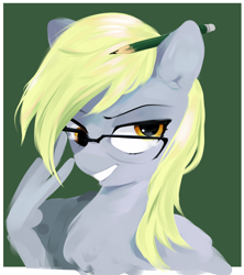 Size: 1110x1251 | Tagged: safe, artist:some_ponu, imported from derpibooru, derpy hooves, pegasus, pony, chest fluff, derp, female, glasses, looking at you, mare, pencil, pencil behind ear, simple background, solo, touching face, wing hands, wings