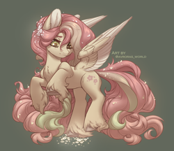 Size: 2600x2250 | Tagged: safe, artist:avroras_world, imported from derpibooru, fluttershy, pegasus, pony, chest fluff, ear fluff, female, flower, flower in hair, green background, green eyes, long hair, long mane, long tail, mare, redesign, simple background, smiling, solo, tail, wings