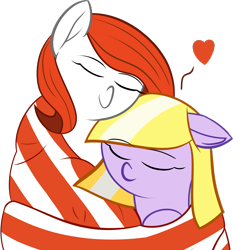 Size: 2234x2393 | Tagged: safe, artist:mraagh, imported from derpibooru, oc, oc only, oc:maze, oc:rosy wings, pony, cuddling, eyes closed, female, filly, foal, happy, heart, hug, lavender coat, mare, red mane, shipping, simple background, towel, transparent background, white coat