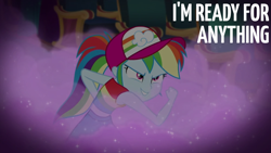 Size: 1920x1080 | Tagged: safe, edit, edited screencap, editor:quoterific, imported from derpibooru, screencap, rainbow dash, human, equestria girls, equestria girls series, spring breakdown, spoiler:eqg series (season 2), baseball cap, cap, clothes, female, grin, hat, shirt, sleeveless, sleeveless shirt, smiling, solo