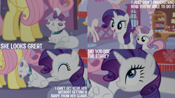 Size: 4400x2475 | Tagged: safe, edit, edited screencap, editor:quoterific, imported from derpibooru, screencap, fluttershy, opalescence, rarity, sweetie belle, cat, pegasus, pony, unicorn, stare master, carousel boutique, sewing machine