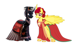 Size: 2062x1324 | Tagged: safe, artist:rainshadow, artist:starshade, imported from derpibooru, oc, oc only, alicorn, derpibooru community collaboration, 2023 community collab, alicorn oc, base used, chinese, chinese dress, clothes, dress, duo, eyeshadow, female, horn, makeup, male, mare, simple background, transparent background, wings