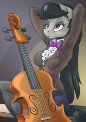 Size: 955x1351 | Tagged: safe, artist:mysticalpha, imported from derpibooru, octavia melody, anthro, earth pony, arm behind head, bowtie, breasts, busty octavia melody, button-up shirt, cello, clothes, female, lidded eyes, musical instrument, pants, shading, shirt, sitting, solo