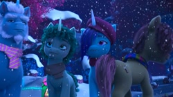 Size: 1185x663 | Tagged: safe, imported from derpibooru, screencap, pony, unicorn, spoiler:g5, spoiler:winter wishday, alphabittle blossomforth, beret, bongo beats, bridlewood, butt, clothes, female, g5, hat, jasper, male, mare, my little pony: make your mark, my little pony: make your mark chapter 3, night, onyx, plot, rear view, scarf, snow, snowfall, stallion, standing, winter wishday