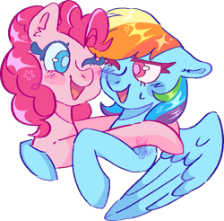 Size: 631x622 | Tagged: safe, artist:troublelooksforme, imported from derpibooru, pinkie pie, rainbow dash, earth pony, pegasus, pony, duo, female, hug, one eye closed, simple background, transparent background