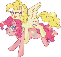 Size: 943x890 | Tagged: safe, artist:troublelooksforme, imported from derpibooru, pinkie pie, surprise, earth pony, pegasus, pony, duo, eyes closed, female, g1, g1 to g4, g4, generation leap, one eye closed, simple background, transparent background