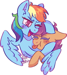 Size: 598x671 | Tagged: safe, artist:troublelooksforme, imported from derpibooru, rainbow dash, scootaloo, pegasus, pony, :p, blushing, duo, eyes closed, female, filly, floppy ears, foal, hug, mare, one eye closed, open mouth, scootalove, signature, simple background, tongue out, transparent background, winghug, wings, wink