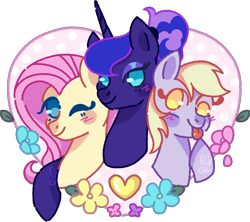 Size: 1164x1033 | Tagged: safe, artist:troublelooksforme, imported from derpibooru, derpy hooves, fluttershy, princess luna, alicorn, pegasus, pony, female, hug, one eye closed, simple background, tongue out, transparent background, trio, wink