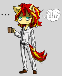 Size: 2272x2768 | Tagged: safe, artist:daazzlin, imported from derpibooru, sunset shimmer, anthro, equestria girls, coffee, cropped, female, gray background, human sunset, simple background, sunlit shimmer, thought bubble, tired