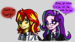 Size: 3264x1848 | Tagged: safe, artist:daazzlin, imported from derpibooru, starlight glimmer, sunset shimmer, human, equestria girls, cropped, duo, female, glasses, human starlight, human sunset, sunlit shimmer