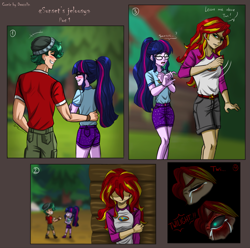 Size: 2155x2142 | Tagged: safe, artist:daazzlin, imported from derpibooru, sci-twi, sunset shimmer, timber spruce, twilight sparkle, human, equestria girls, angry, camp everfree outfits, comic, crying, female, jealous, male, sunset satan