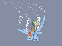 Size: 2732x2048 | Tagged: safe, artist:blue ink, imported from derpibooru, rainbow dash, pegasus, pony, chest fluff, ear fluff, female, flying, gray background, looking at you, mare, one eye closed, one eye open, simple background, solo, spread wings, tail, turbulence, vortex, windswept mane, windswept tail, wings, wink, winking at you