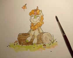 Size: 1802x1431 | Tagged: safe, artist:lightisanasshole, imported from derpibooru, autumn blaze, kirin, autumn, cloven hooves, falling leaves, female, leaf, leaves, log, looking at something, looking up, mushroom, paintbrush, solo, traditional art, watercolor painting