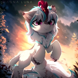 Size: 3666x3666 | Tagged: safe, artist:magnaluna, imported from derpibooru, oc, oc only, oc:windshear, kirin, butt fluff, cheek fluff, chest fluff, cloven hooves, cute, ear fluff, female, fluffy, hoof fluff, leg fluff, looking at you, ocbetes, rearing, smiling, solo, tail, tail fluff, unshorn fetlocks