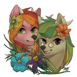 Size: 1500x1500 | Tagged: safe, artist:varllai, imported from derpibooru, oc, oc:plume fi, oc:rhythm fruit, deer, earth pony, pony, bust, commission, couple, flower, flower in hair, portrait, simple background, white background