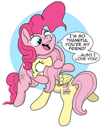 Size: 2688x3342 | Tagged: safe, artist:doodledonutart, imported from derpibooru, fluttershy, pinkie pie, earth pony, pegasus, pony, duo, female, glomp, hug, open mouth, open smile, smiling, wide eyes