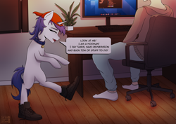 Size: 4059x2877 | Tagged: safe, artist:alicetriestodraw, imported from derpibooru, oc, oc only, oc:anon, oc:mysza, human, pony, unicorn, bipedal, blank flank, blouse, blue eyes, blue mane, chair, clothes, collar, complex background, desk, fedora (os), hat, indoors, meme, monitor, pants, pc, plant, shoes, socks, white fur