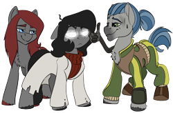 Size: 1552x1021 | Tagged: safe, artist:brainiac, imported from derpibooru, oc, oc only, oc:cerise, oc:outlook grim, oc:silent echoes, earth pony, pony, derpibooru community collaboration, 2023 community collab, female, male, mare, simple background, stallion, transparent background, trio