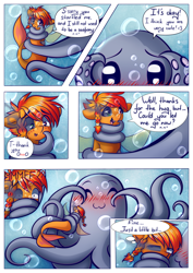 Size: 1052x1488 | Tagged: safe, artist:chaosangeldesu, imported from derpibooru, oc, oc:flaming hoof, octopus, pony, seapony (g4), :3, blushing, bubble, comic, commission, cute, eyes closed, hug, ocean, smiling, tentacles, underwater, water