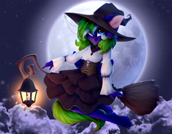 Size: 4000x3126 | Tagged: safe, artist:shinoshai, imported from derpibooru, oc, oc only, oc:aqua grass, anthro, pegasus, unguligrade anthro, broom, cloud, commission, female, flying, flying broomstick, halloween, hat, holiday, lantern, long nails, moon, solo, witch, witch hat
