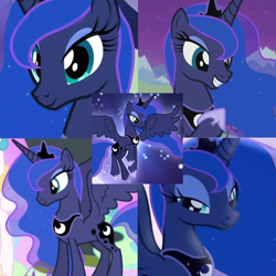 Size: 720x720 | Tagged: safe, artist:megalobronia, edit, imported from derpibooru, screencap, princess luna, alicorn, bloom and gloom, equestria games (episode), sleepless in ponyville, to where and back again, twilight's kingdom, close-up, collage, crown, ethereal mane, jewelry, peytral, regalia, slim, thin, tiara