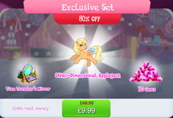 Size: 1266x861 | Tagged: safe, imported from derpibooru, applejack (g1), earth pony, pony, book, bow, bundle, bush, curtains, english, female, freckles, g1, gameloft, gem, mare, mirror, mobile game, my little pony: magic princess, numbers, official, quill, sale, solo, solo focus, tail, tail bow, text