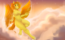 Size: 1280x792 | Tagged: safe, artist:bakvissie, imported from derpibooru, oc, oc:morning sunrise, anthro, pegasus, unguligrade anthro, belly button, breasts, cloud, featureless breasts, featureless crotch, female, flying, hips, mare, pegasus oc, sky, solo, sunrise, thighs