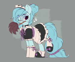 Size: 2270x1882 | Tagged: safe, artist:rexyseven, imported from derpibooru, oc, oc only, oc:whispy slippers, earth pony, pony, clothes, duster, emanata, glasses, maid, meganekko, mouth hold, one eye closed, slippers, socks, solo
