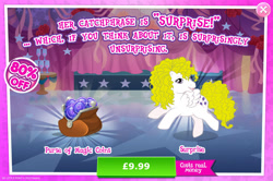 Size: 1960x1301 | Tagged: safe, idw, imported from derpibooru, surprise, pegasus, pony, advertisement, costs real money, curtains, cute, english, female, g1, g4, gameloft, magic coins, mare, my little pony: magic princess, numbers, official, sale, solo, solo focus, spread wings, surprise (g1), text, wings
