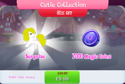 Size: 1263x854 | Tagged: safe, idw, imported from derpibooru, surprise, pegasus, pony, bundle, costs real money, curtains, cute, english, female, g1, g4, gameloft, magic coins, mare, messy mane, my little pony: magic princess, numbers, official, sale, solo, solo focus, spread wings, surprise (g1), text, wings