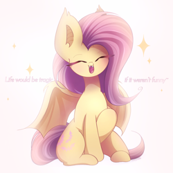 Size: 2200x2200 | Tagged: safe, artist:miryelis, imported from derpibooru, fluttershy, bat pony, pony, bat ponified, big ears, cute, cute little fangs, eyes closed, fangs, flutterbat, full body, impossibly large ears, looking at you, open mouth, open smile, race swap, shyabates, shyabetes, simple background, sitting, smiling, smiling at you, solo, sparkles, spread wings, text, white background, wings