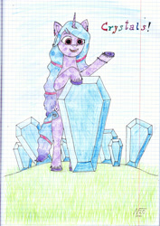 Size: 2470x3494 | Tagged: safe, artist:adamv20, imported from derpibooru, izzy moonbow, crystal pony, pony, unicorn, bipedal, bracelet, crystal, crystallized, ear piercing, earring, female, friendship bracelet, g5, graph paper, grass, jewelry, open mouth, piercing, solo, the crystal empire 10th anniversary, traditional art, unshorn fetlocks